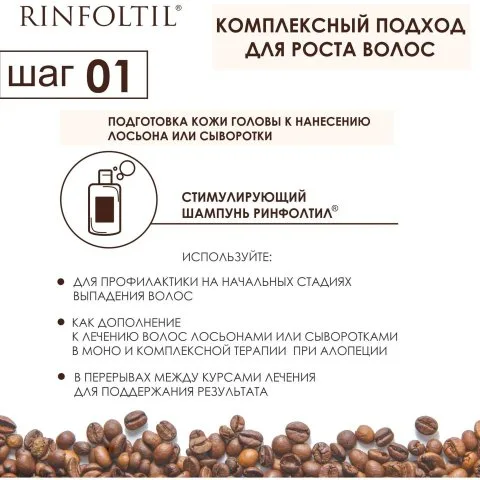 Шампунь от выпадения и для роста волос с кофеином, цинком, Сереноа, Rinfoltil