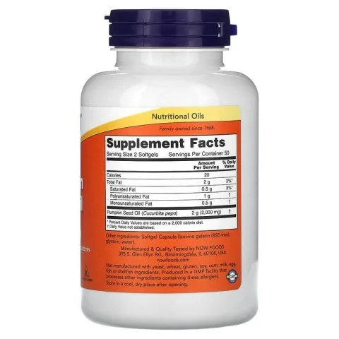 Тыквенное масло, 1000мг в 1 капсуле, 100 капсул, NOW Foods
