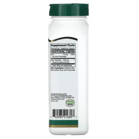 Пальма Сереноа с цинком, Saw Palmetto, 450 мг, 200 капсул, 21st Century