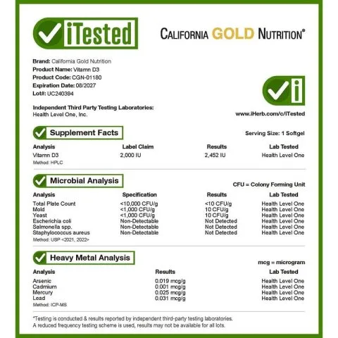 Витамин Д3, 2000 МЕ, 360 капсул, California Gold Nutrition