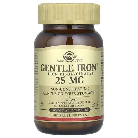 Железо Gentle Iron, 25 мг, 90 растительных капсул, Solgar