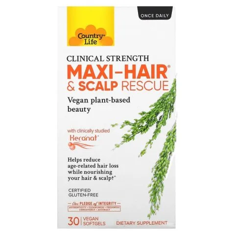 Комплекс Maxi-Hair Scalp Rescue, клиническая сила с Keranat, 30 капсул, Country Life