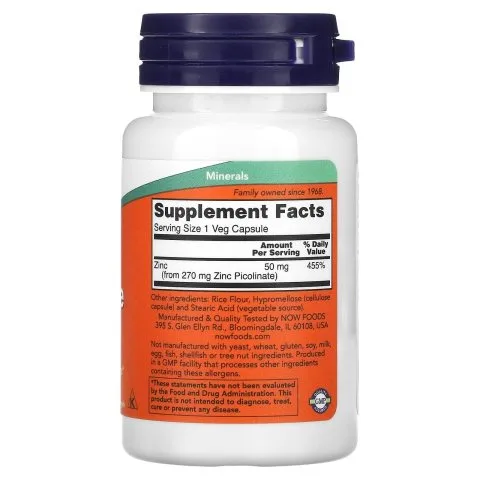 Цинк пиколинат, 50 мг, 60 растительных капсул, NOW Foods