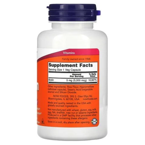 Биотин, 5000 мкг, 120 вегетарианских капсул, NOW Foods