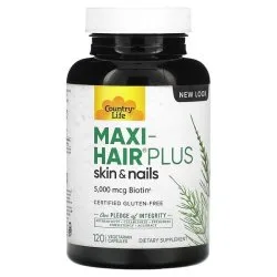 Витамины для волос Maxi-Hair Plus с биотином 5000 мкг, 120 капсул, Country Life