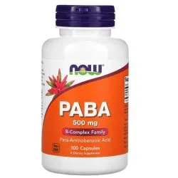 Витамин В10 (ПАБК, PABA), 500 мг, 100 капсул, NOW Foods